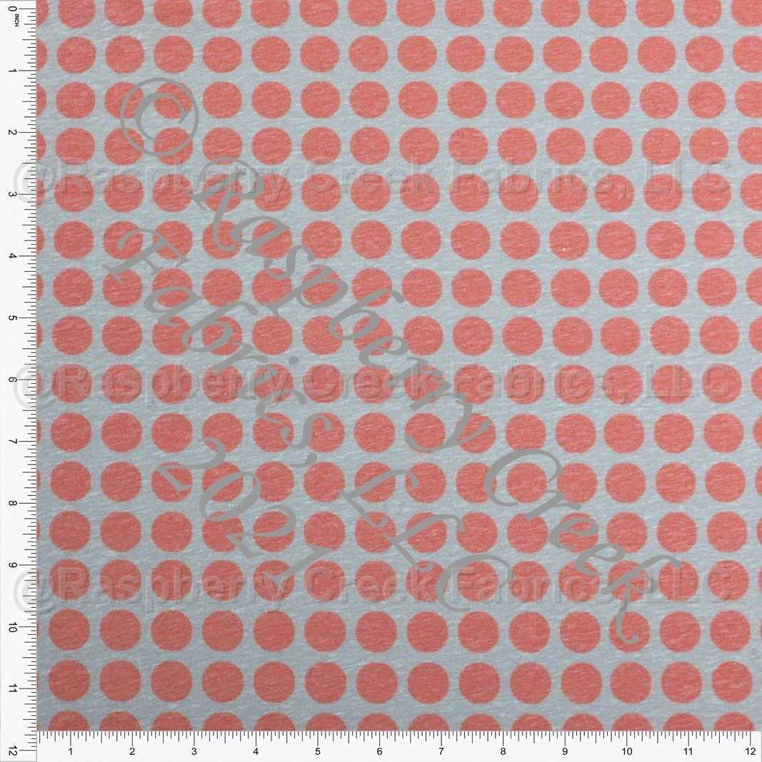 Light Denim Blue and Dusty Red Heathered Large Pokla Dot Tri-Blend Jersey Knit Fabric, By Emily Ferguson for CLUB Fabrics
