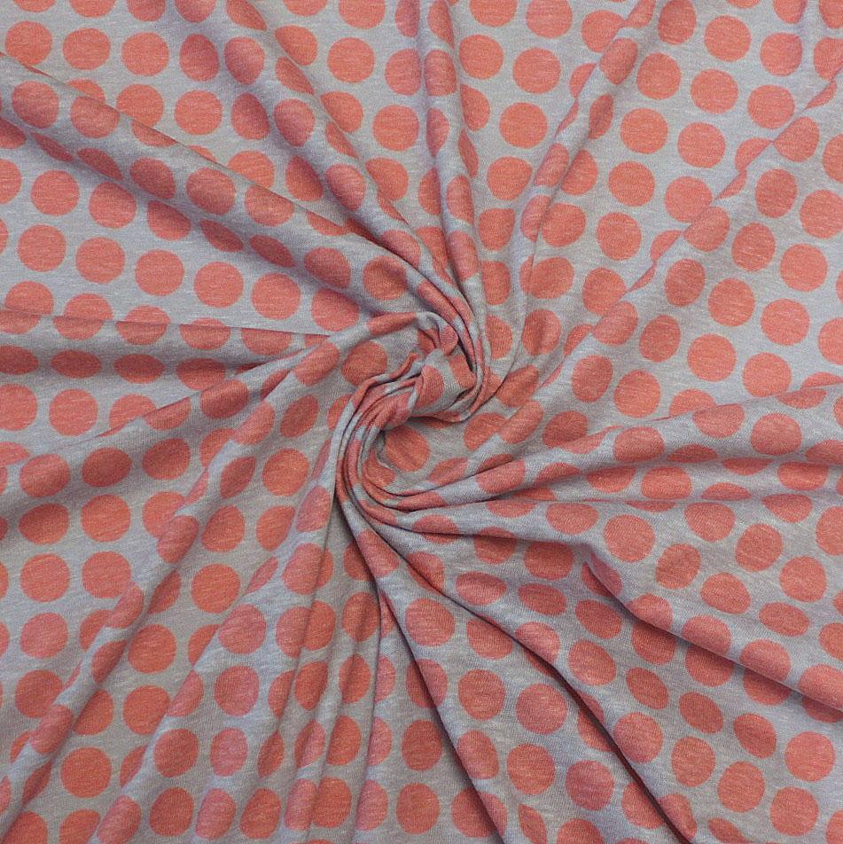 Light Denim Blue and Dusty Red Heathered Large Pokla Dot Tri-Blend Jersey Knit Fabric, By Emily Ferguson for CLUB Fabrics Fabric, Raspberry Creek Fabrics