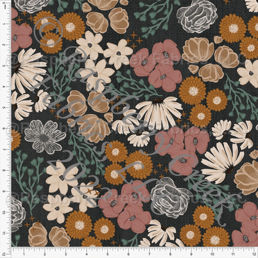 Charcoal Mauve Sage Cream and Tan Desert Floral Print Ponte De Roma Knit Fabric, By Kelsey Shaw for CLUB Fabrics Fabric, Raspberry Creek Fabrics, watermarked