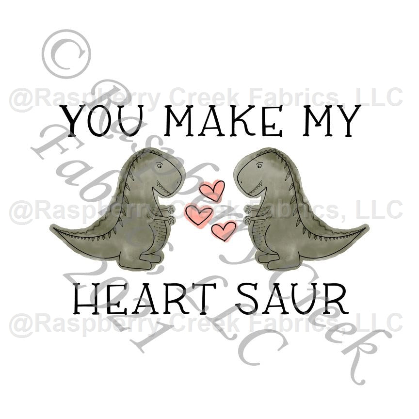 Olive Coral and Black You Make My Heart Saur Panel, Dino Love by Kelsey Shaw for Club Fabrics Fabric, Raspberry Creek Fabrics, watermarked
