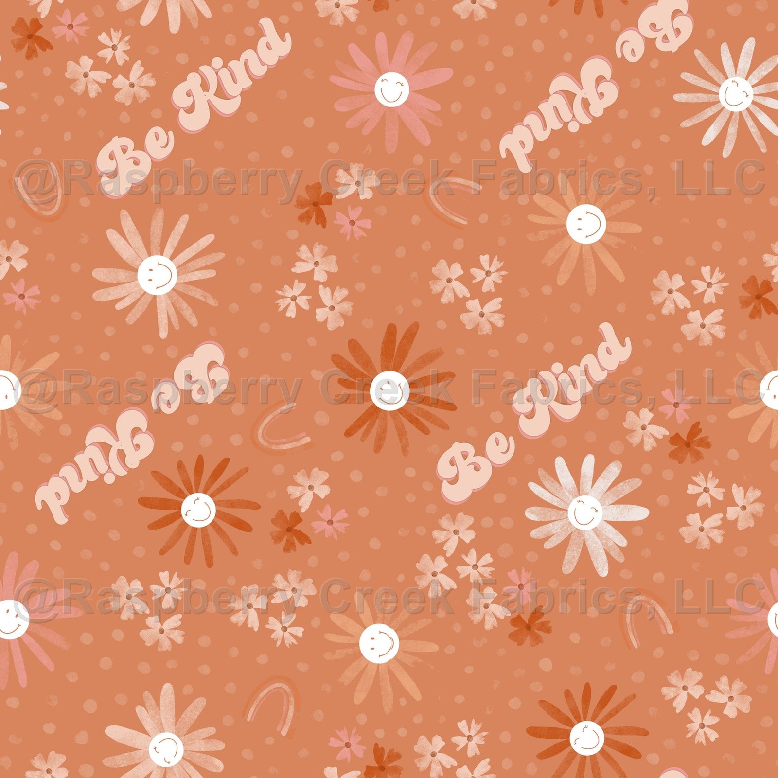 Clay Rust Tan and White Floral Be Kind and Smile Print, Dinos and Rainbows by Kim Henrie