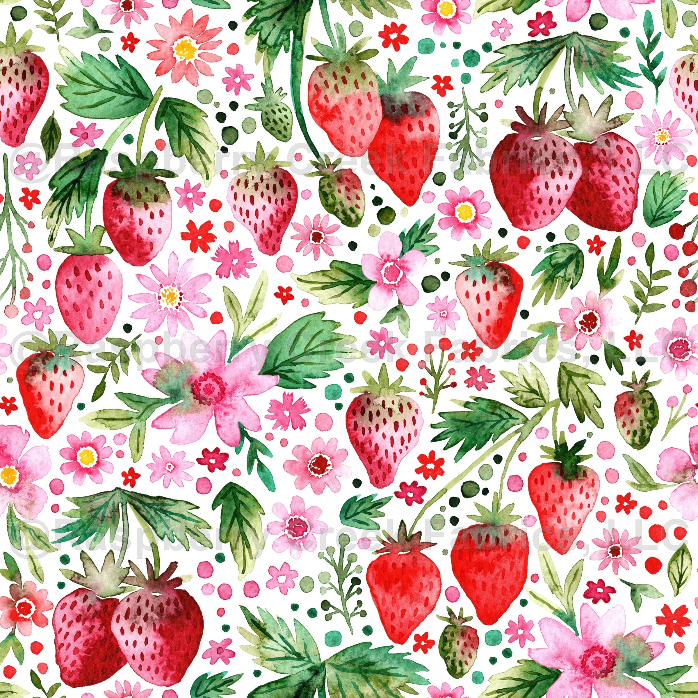 Strawberries and Flowers Painted in Loose Watercolor (Ditsy) , Raspberry Creek Fabrics, watermarked