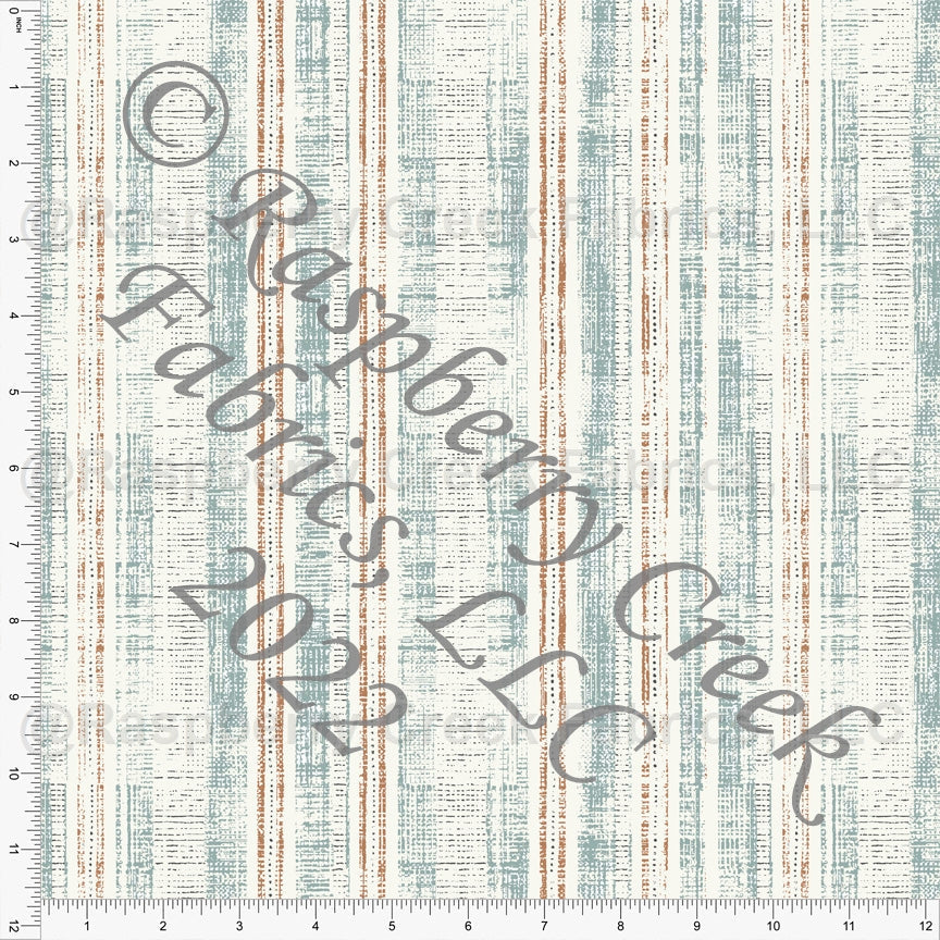 Dusty Blue Rust and Off White Textured Vertical Stripe Print Rayon Challis, CLUB Fabrics Fabric, Raspberry Creek Fabrics, watermarked