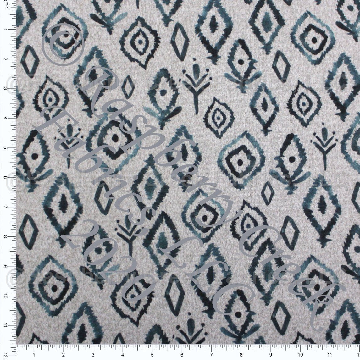 Tonal Dusty Blue and Heathered Grey Ikat Floral Brushed Heathered Hacci Sweater Knit Fabric, CLUB Fabrics Fabric, Raspberry Creek Fabrics, watermarked