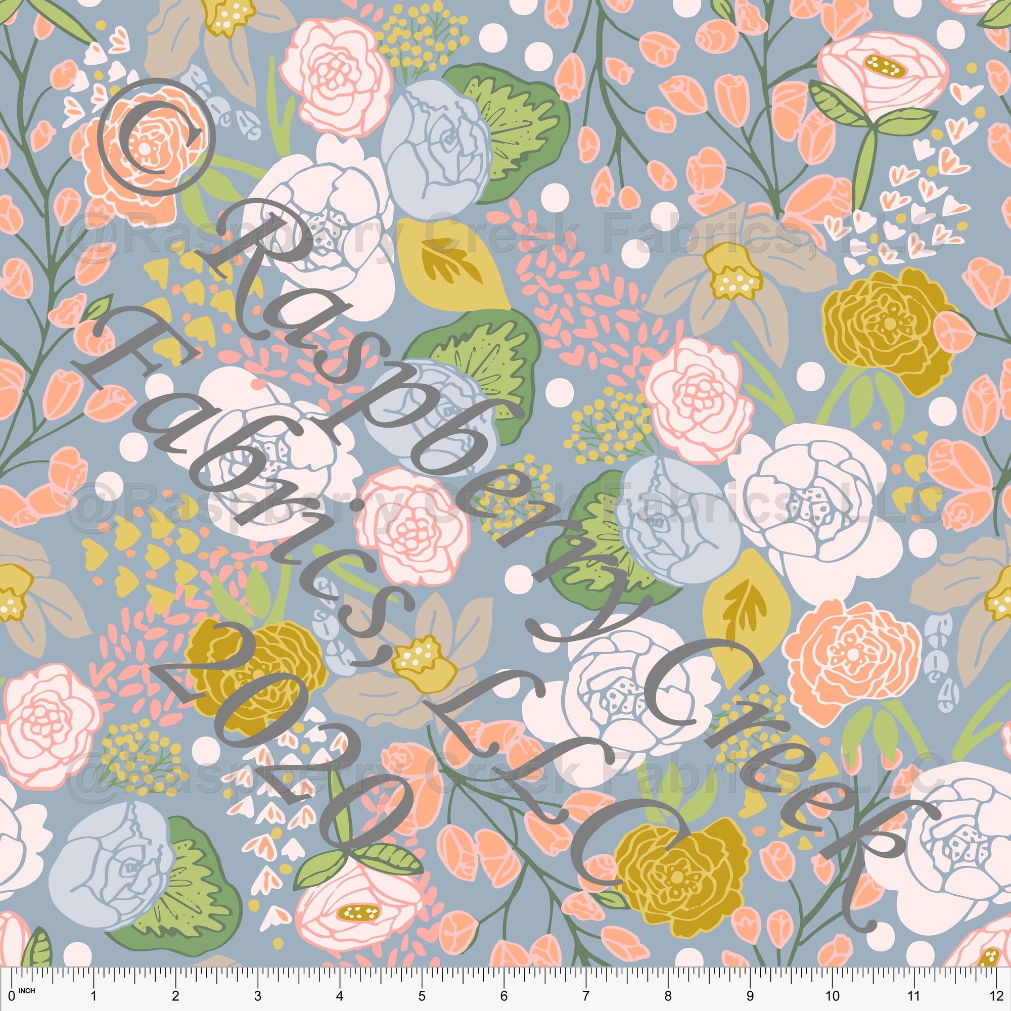 Dusty Blue Coral Mustard Pink and Green Floral Print Stretch Crepe Fabric, By Kim Henrie for CLUB Fabrics Fabric, Raspberry Creek Fabrics, watermarked