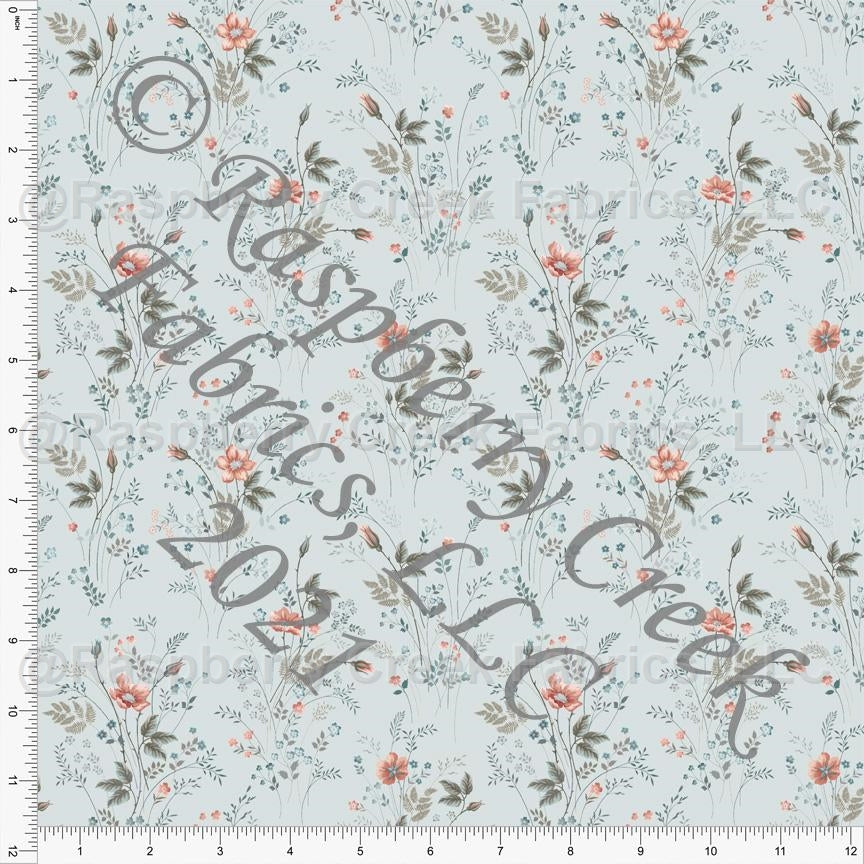 Light Blue Sage and Dusty Pink Wildflower Floral Print Rayon Challis, CLUB Fabrics Fabric, Raspberry Creek Fabrics, watermarked
