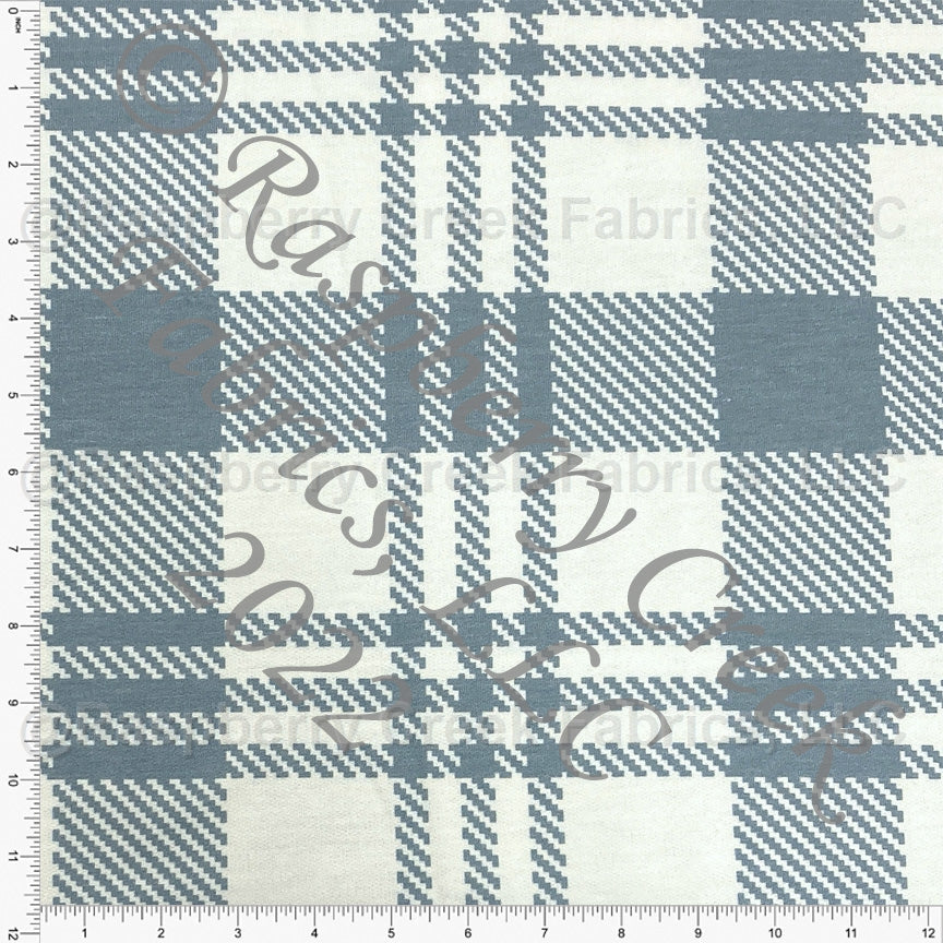 Dusty Blue and Cream Large Plaid Heathered FLEECE Sweatshirt Knit Fabric, CLUB Fabrics