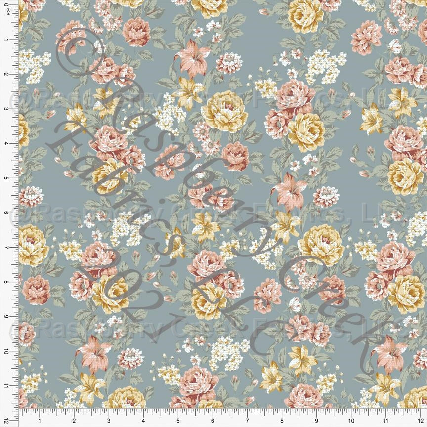 Dusty Blue Mustard Mauve and Sage Floral Print Ponte De Roma Knit Fabric, CLUB Fabrics Fabric, Raspberry Creek Fabrics, watermarked