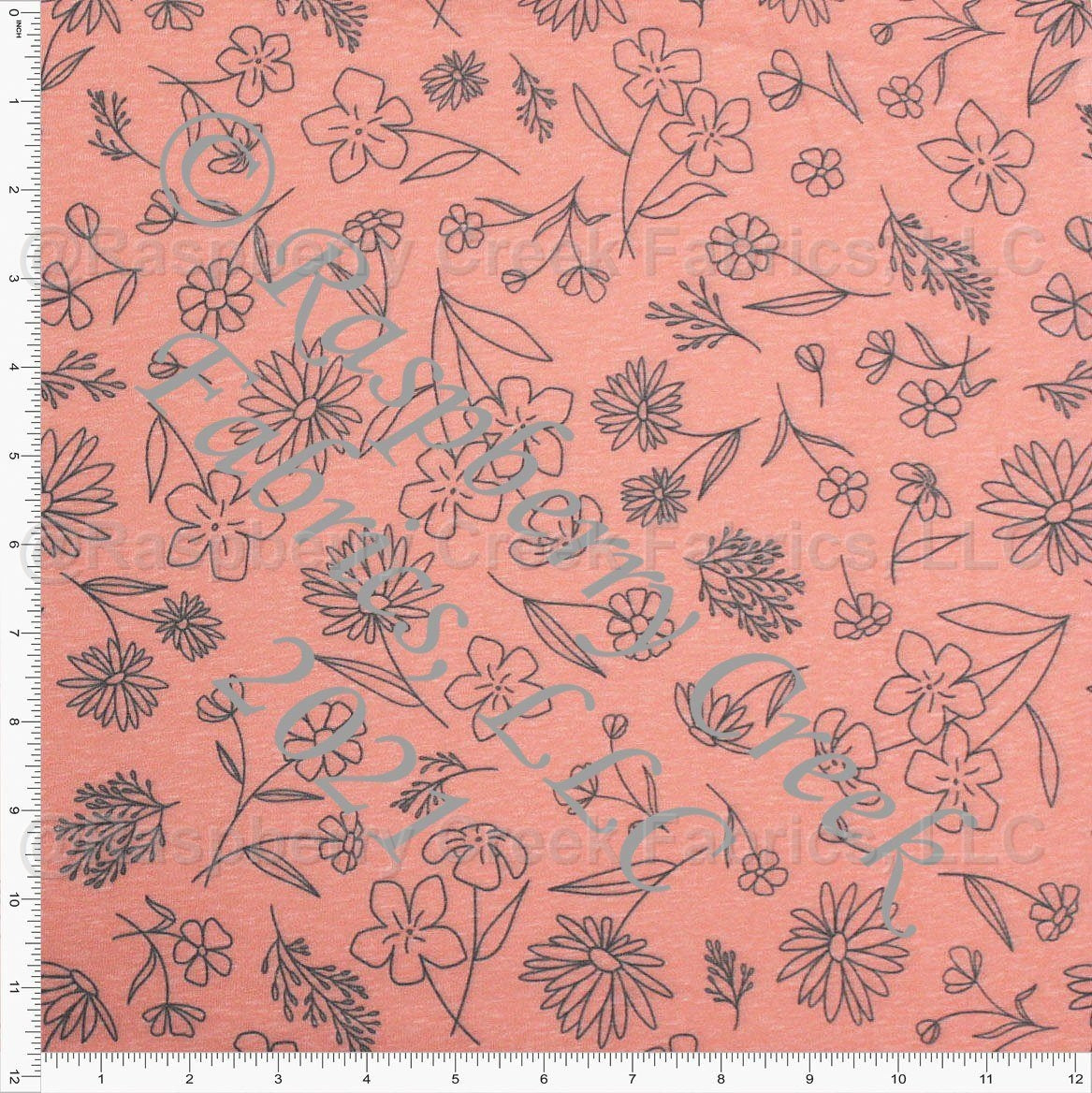 Dusty Coral and Charcoal Heathered Line Drawn Floral Tri-Blend Jersey Knit Fabric, By Emily Ferguson for CLUB Fabrics