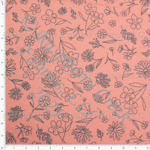 Dusty Coral and Charcoal Heathered Line Drawn Floral Tri-Blend Jersey Knit Fabric, By Emily Ferguson for CLUB Fabrics Fabric, Raspberry Creek Fabrics, watermarked