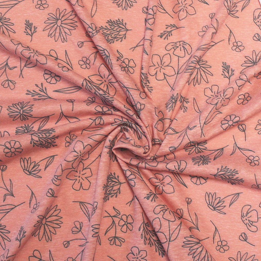 Dusty Coral and Charcoal Heathered Line Drawn Floral Tri-Blend Jersey Knit Fabric, By Emily Ferguson for CLUB Fabrics Fabric, Raspberry Creek Fabrics