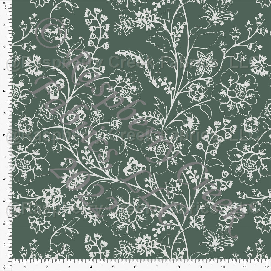 Light Hunter Green and Grey Line Drawn Floral Print Stretch Crepe, CLUB Fabrics Fabric, Raspberry Creek Fabrics, watermarked