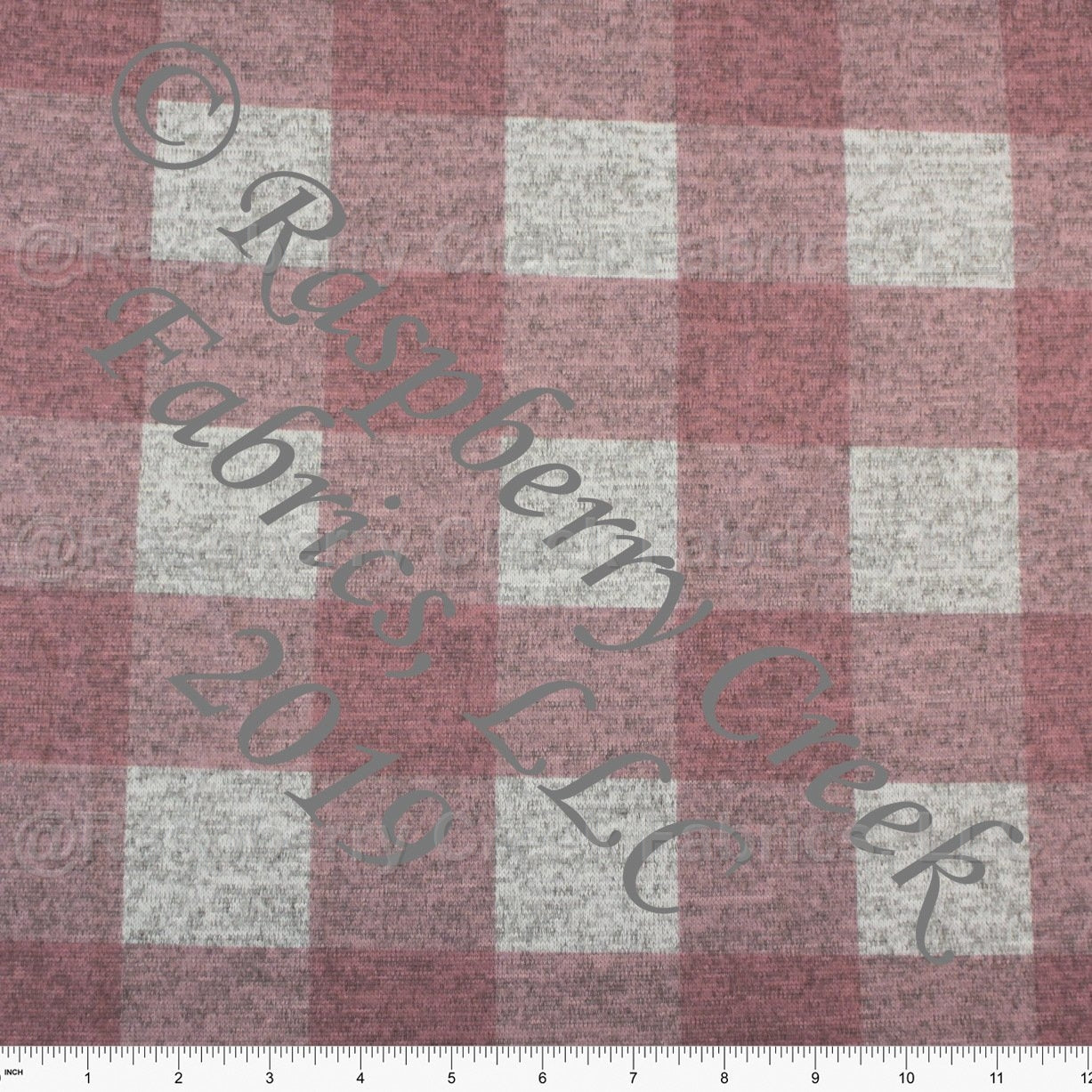 Blush Mauve and Grey Buffalo Plaid Brushed Heathered Hacci Sweater Knit Fabric, CLUB Fabrics Hacci Fabric, Raspberry Creek Fabrics, watermarked