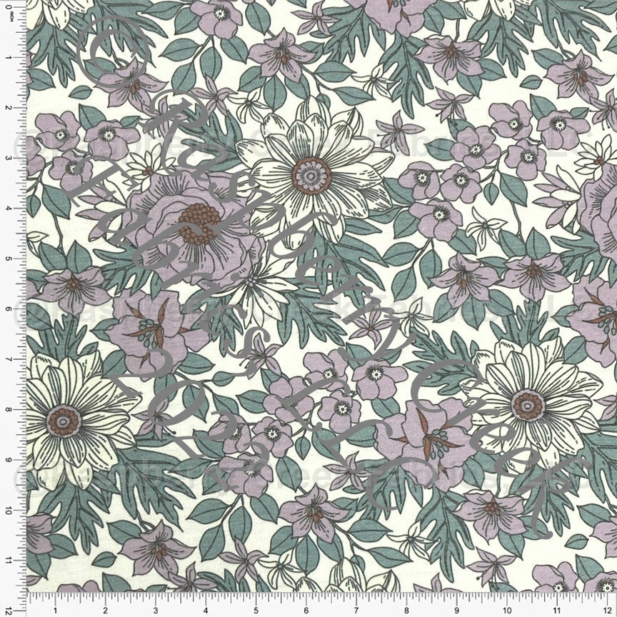 Dusty Purple Dusty Green Cream and Chocolate Floral Heathered FLEECE Sweatshirt Knit Fabric, CLUB Fabrics Fabric, Raspberry Creek Fabrics, watermarked