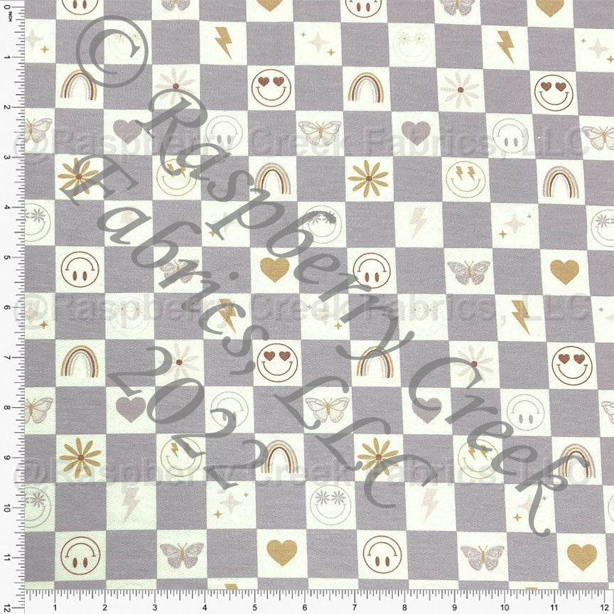 Dusty Purple Cream Mustard and Rust Patterned Checker Heathered FLEECE Sweatshirt Knit Fabric, By Kim Henrie for CLUB Fabrics