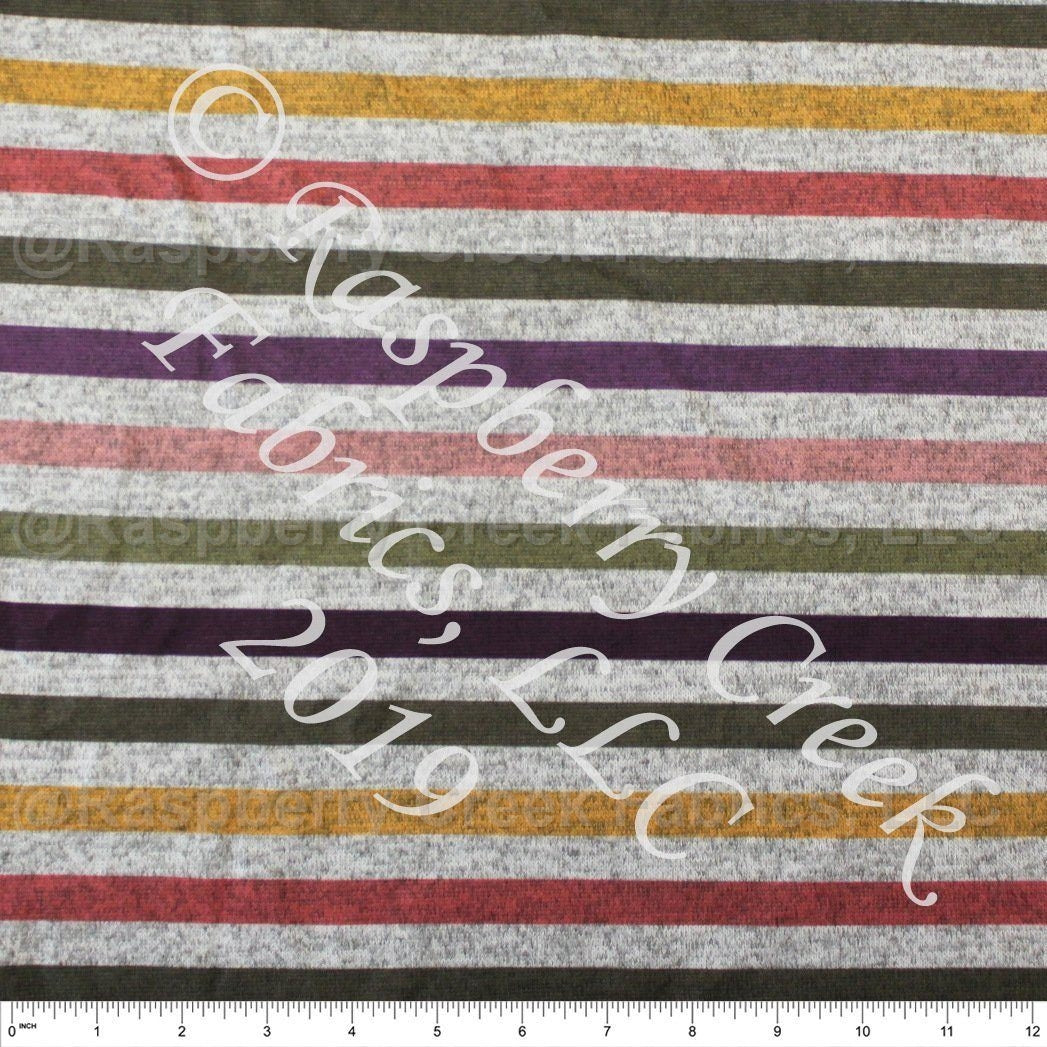 Mauve Eggplant Mustard and Olive Multi Stripe Brushed Heathered Hacci Sweater Knit Fabric, CLUB Fabrics Hacci Fabric, Raspberry Creek Fabrics, watermarked