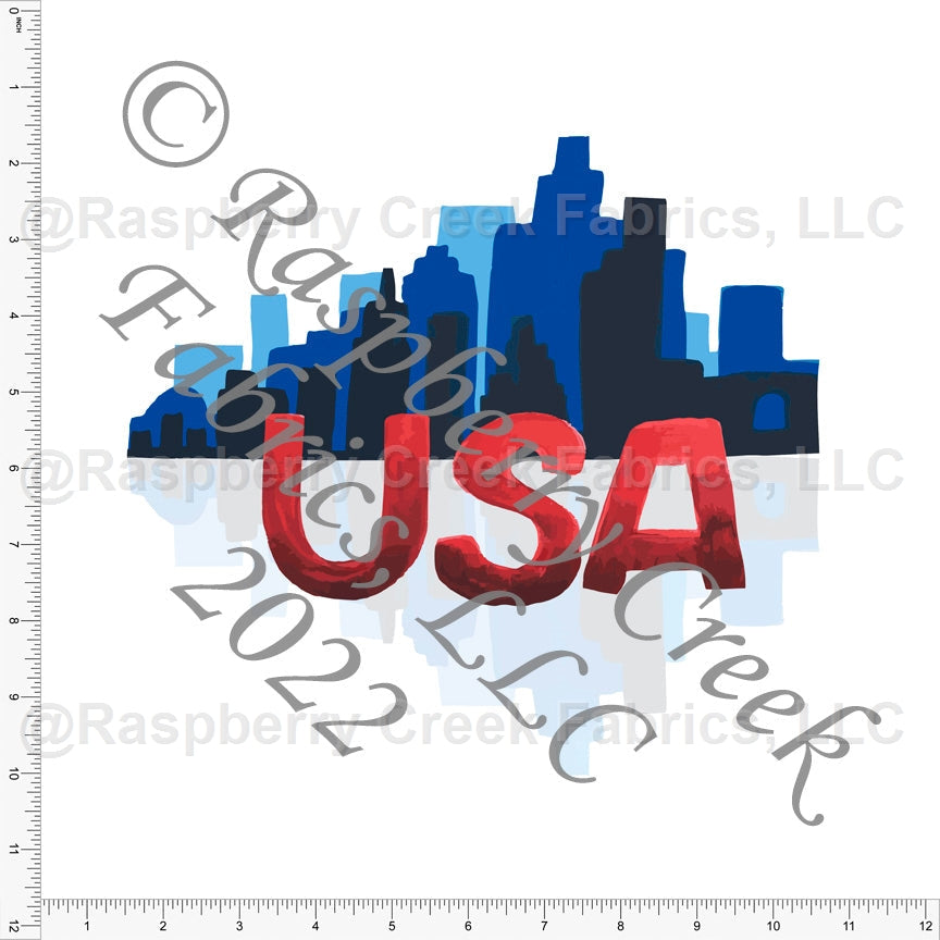 Tonal Red Royal Blue Light Blue and Navy Cityscape USA Panel, USA in Ombre by Elise Peterson for Club Fabrics Fabric, Raspberry Creek Fabrics, watermarked
