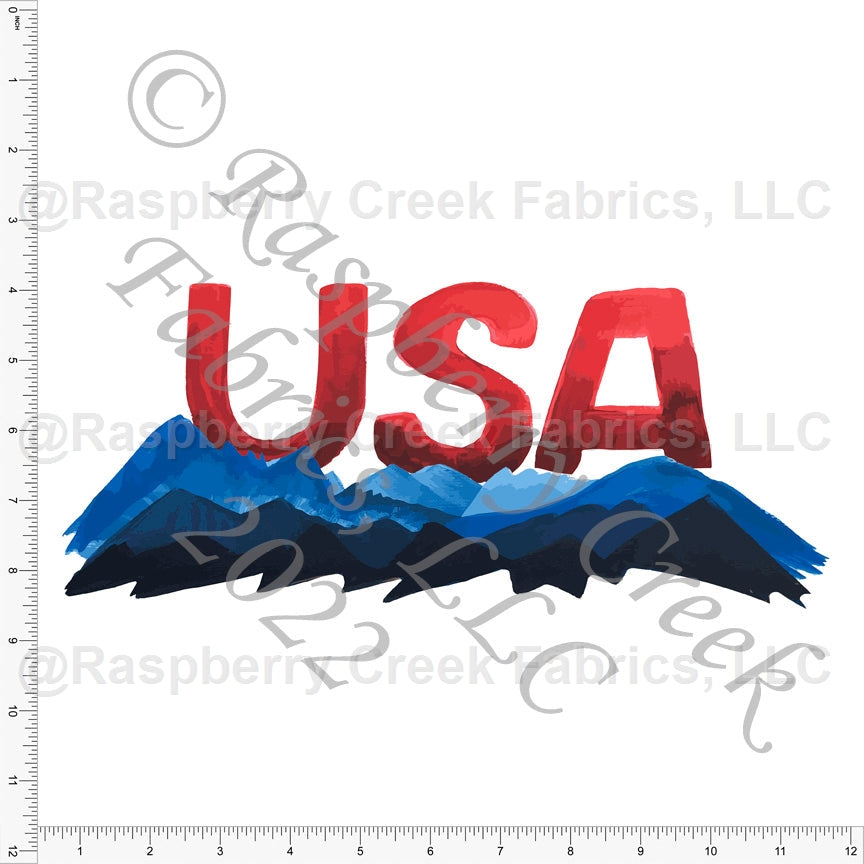 Tonal Red Royal Blue Light Blue and Navy Mountain Range USA Panel, USA in Ombre by Elise Peterson for Club Fabrics Fabric, Raspberry Creek Fabrics, watermarked