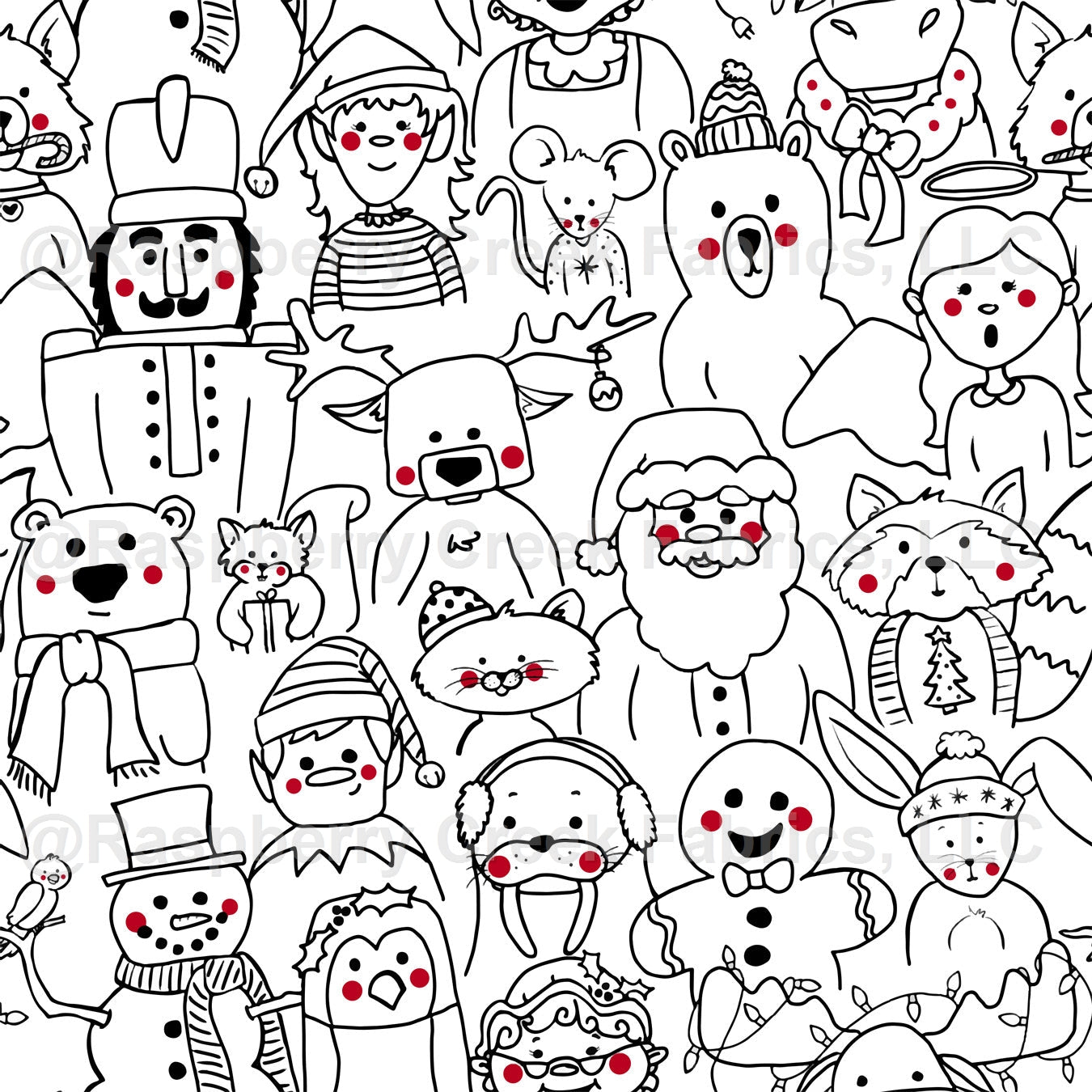 Black Red and White Line Drawn Christmas Character Print Fabric, Kids Christmas by Emily Ferguson Fabric, Raspberry Creek Fabrics, watermarked