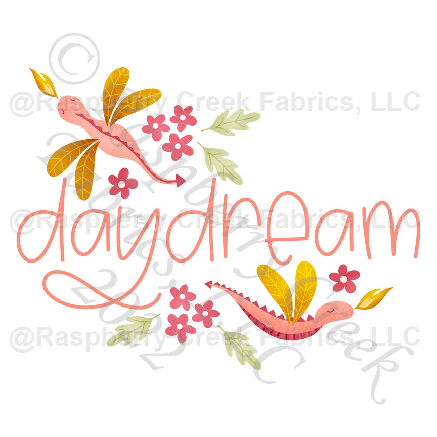 Coral Salmon Light Green and Yellow Daydream 'Dragon'fly Panel, Enchanted by Krystal Winn Design for CLUB Fabrics Fabric, Raspberry Creek Fabrics, watermarked