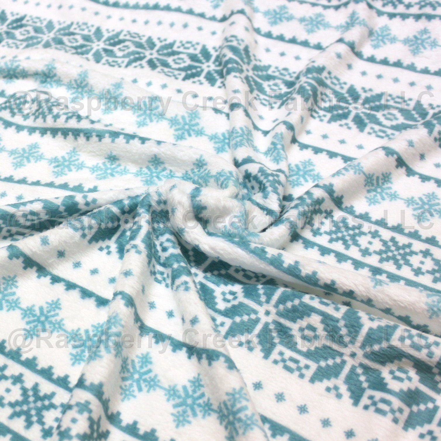 Teal and Dusty Blue Fair Isle Snowflake Stripe Minky Cuddle Fabric, CLUB Fabrics Fabric, Raspberry Creek Fabrics, watermarked