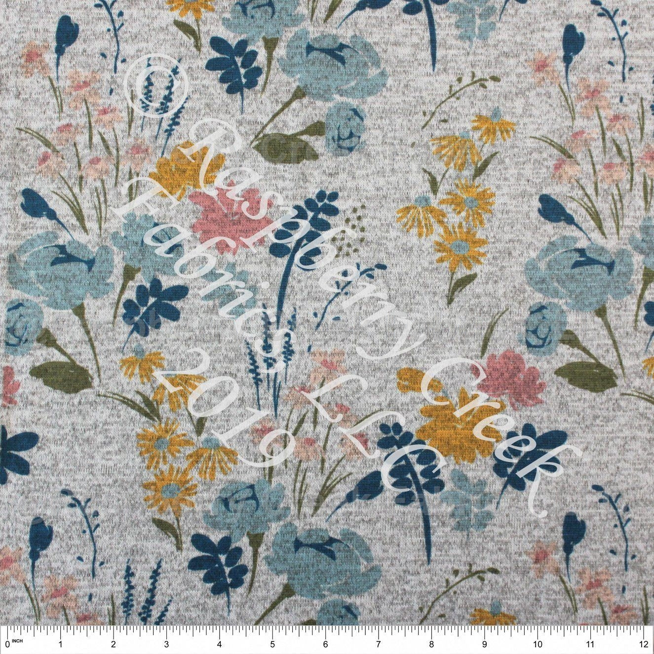 Mauve Dusty Blue Olive and Mustard Wildflower Floral Brushed Heathered Hacci Sweater Knit Fabric, CLUB Fabrics Hacci Fabric, Raspberry Creek Fabrics, watermarked