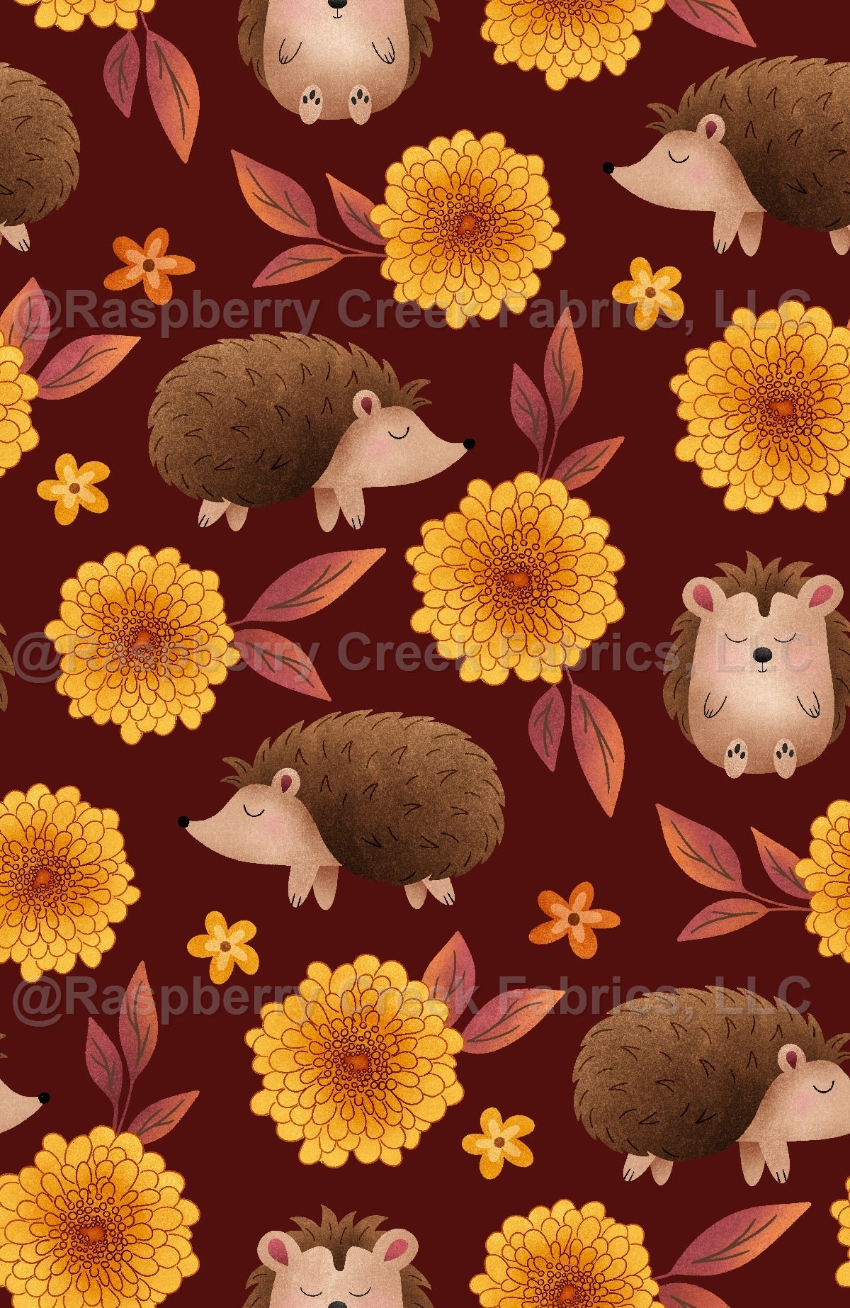 Fall Y'all Floral Hedgehog Maroon Fabric, Raspberry Creek Fabrics, watermarked