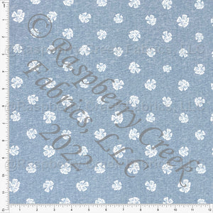 Faux Chambray Blue and White Floral Tri-Blend Jersey Knit Fabric, By Brittney Laidlaw for CLUB Fabrics Fabric, Raspberry Creek Fabrics, watermarked