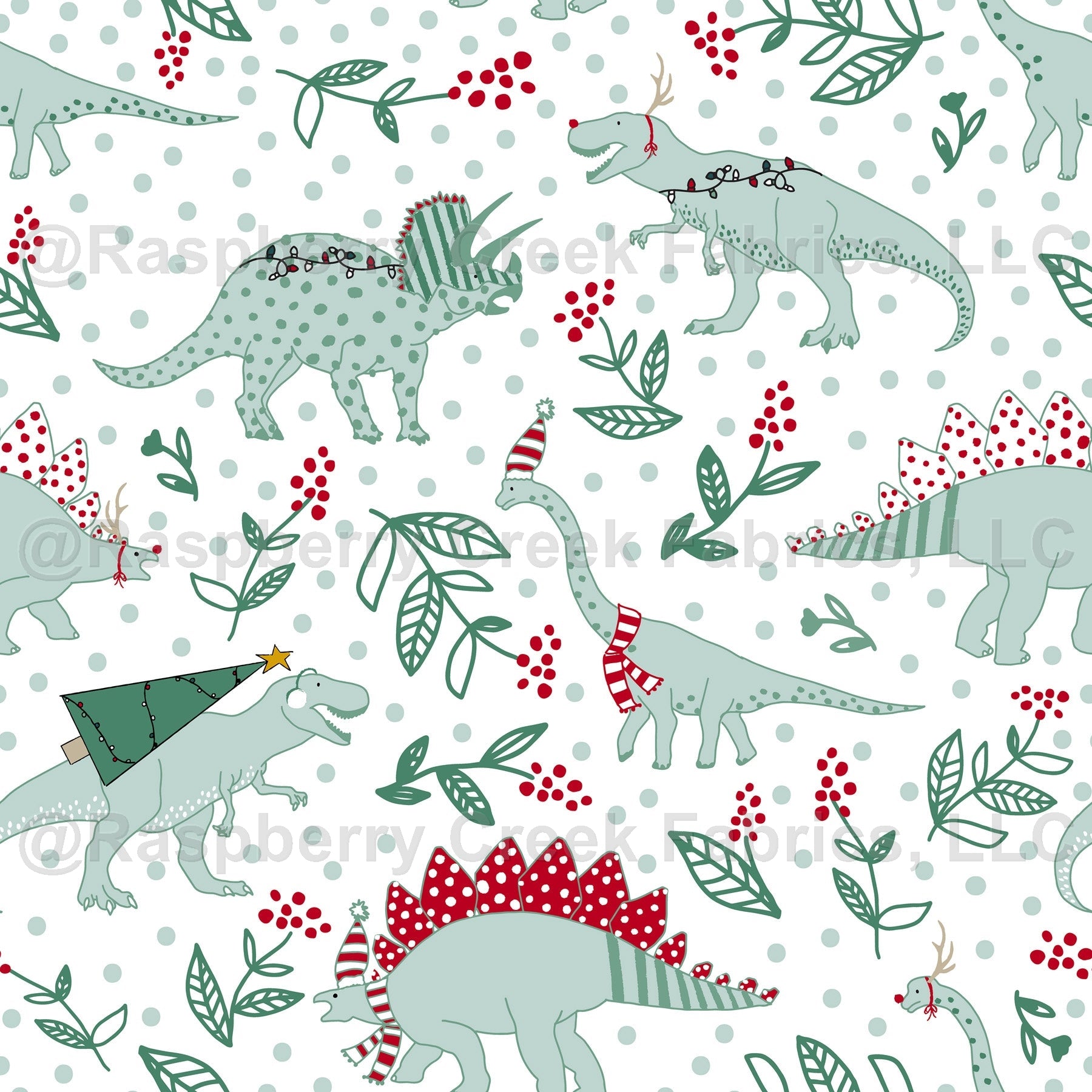 Red Dusty Green and Mustard Christmas Dinosaur Print Fabric, Christmas Floralsaurus by Kimberly Henrie Fabric, Raspberry Creek Fabrics, watermarked