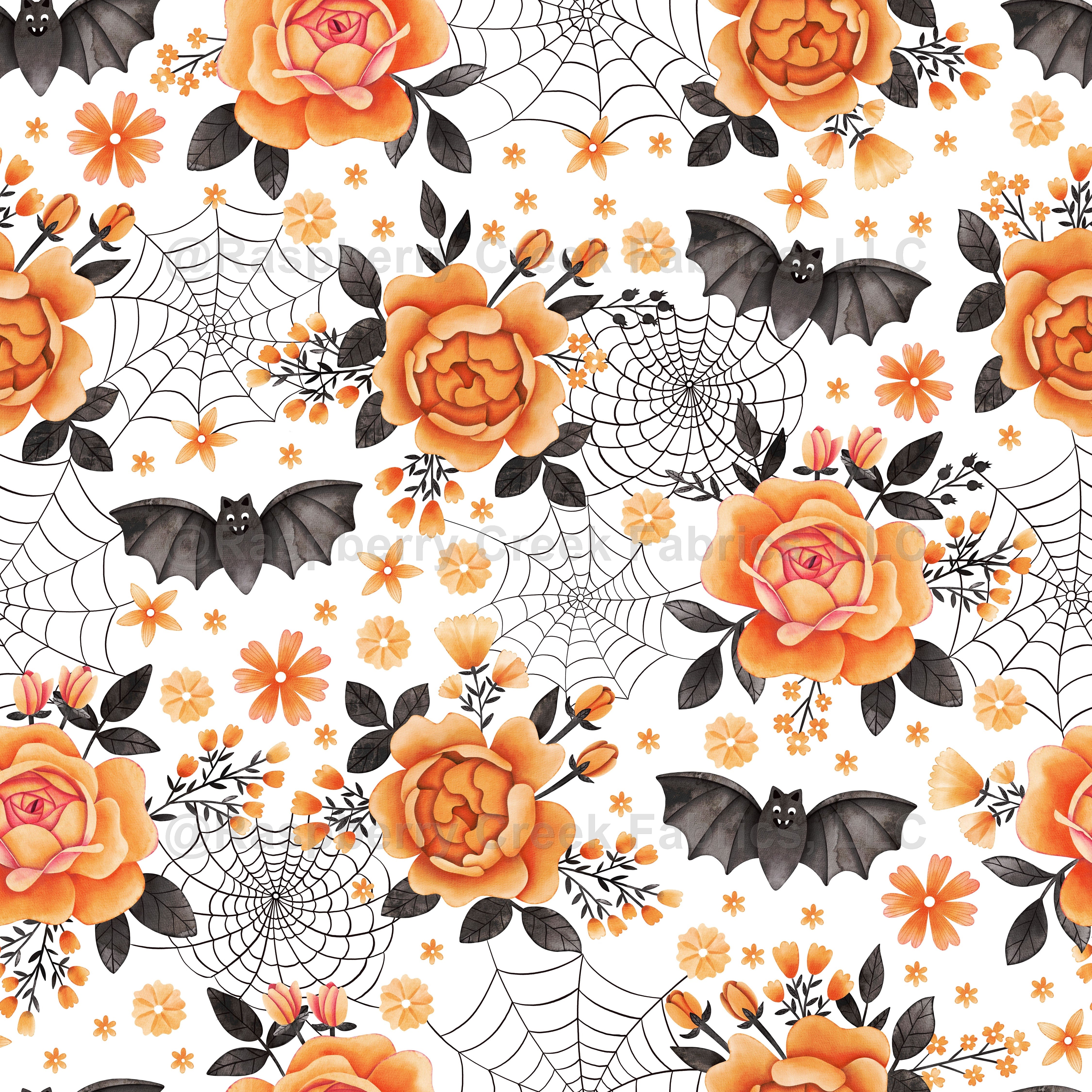 Bats, Spiderwebs, and Orange Peony Roses on White (Pastel Halloween Collection) Fabric, Raspberry Creek Fabrics, watermarked