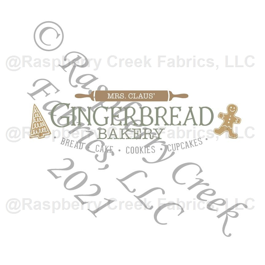 Tonal Tan Grey and Sage Gingerbread Bakery Panel, Christmas Panels by Brittney Laidlaw for Club Fabrics Fabric, Raspberry Creek Fabrics, watermarked