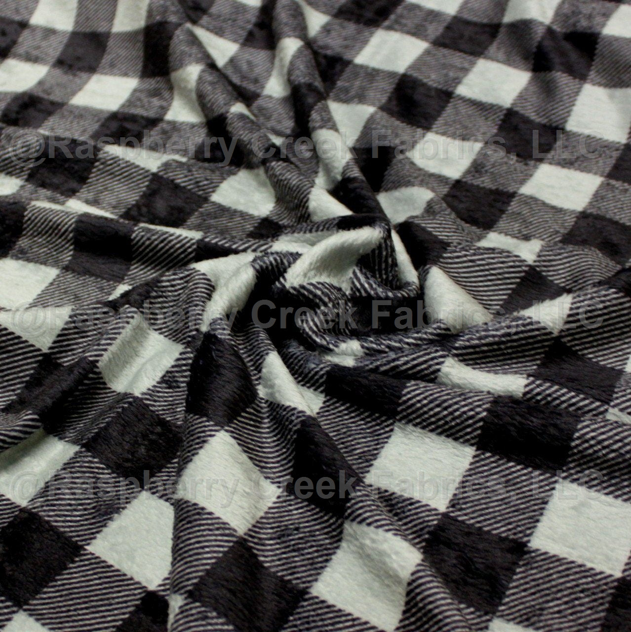 Grey and White Buffalo Plaid Minky Cuddle Fabric, CLUB Fabrics Fabric, Raspberry Creek Fabrics, watermarked