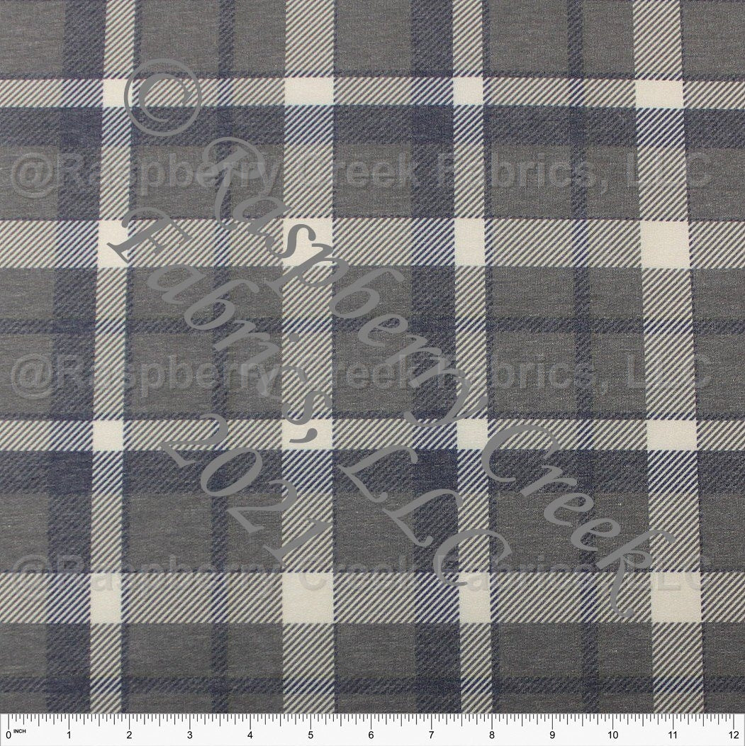 Grey Navy Olive and Cream Plaid Heathered FLEECE Sweatshirt Knit Fabric, CLUB Fabrics