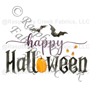 Black Purple and Orange Happy Halloween Pumpkin Bat Panel, Halloween Panels by Brittney Laidlaw for CLUB Fabrics Fabric, Raspberry Creek Fabrics, watermarked