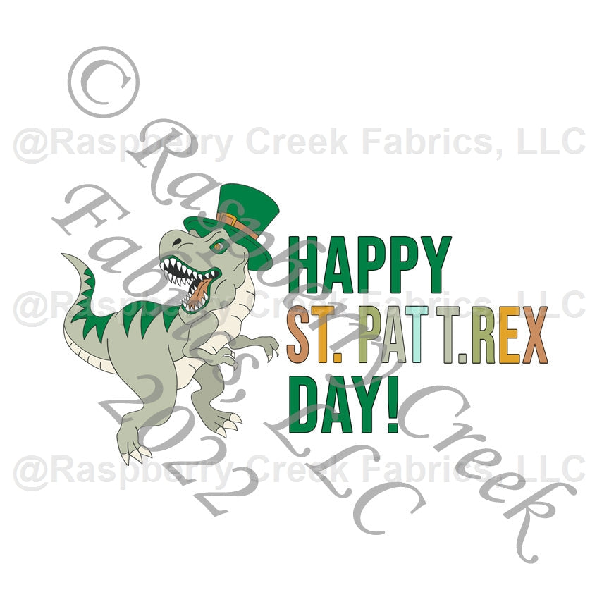 Kelly Green Grey Mustard and Sage Happy St Pat T Rex Day Panel, Happy Paddy by Bri Powell for CLUB Fabrics Fabric, Raspberry Creek Fabrics, watermarked