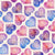 Valentine Collection:  Hand-drawn rows of hearts with intricate filigree art in red and blue hues with a pink background for Valentines Day. Image