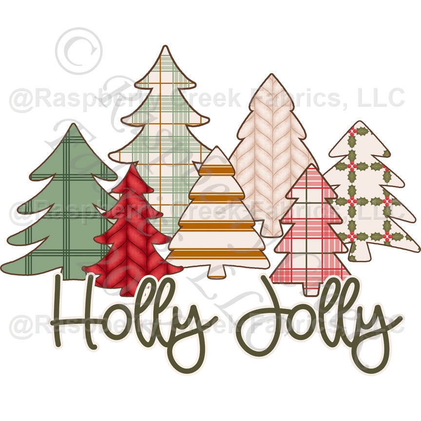 Red Sage Olive Green Mustard and Cream Patterned Christmas Tree Holly Jolly Panel, Home for Christmas by Krystal Winn Design for CLUB Fabrics Fabric, Raspberry Creek Fabrics, watermarked
