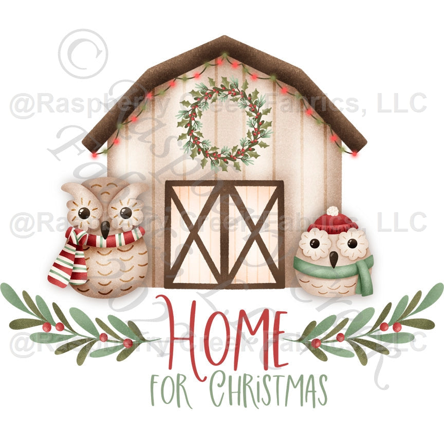 Khaki Red Sage Cream and Brown Owl Pine Bough Barn Home for Christmas Panel, Home for Christmas by Krystal Winn Design for CLUB Fabrics Fabric, Raspberry Creek Fabrics, watermarked