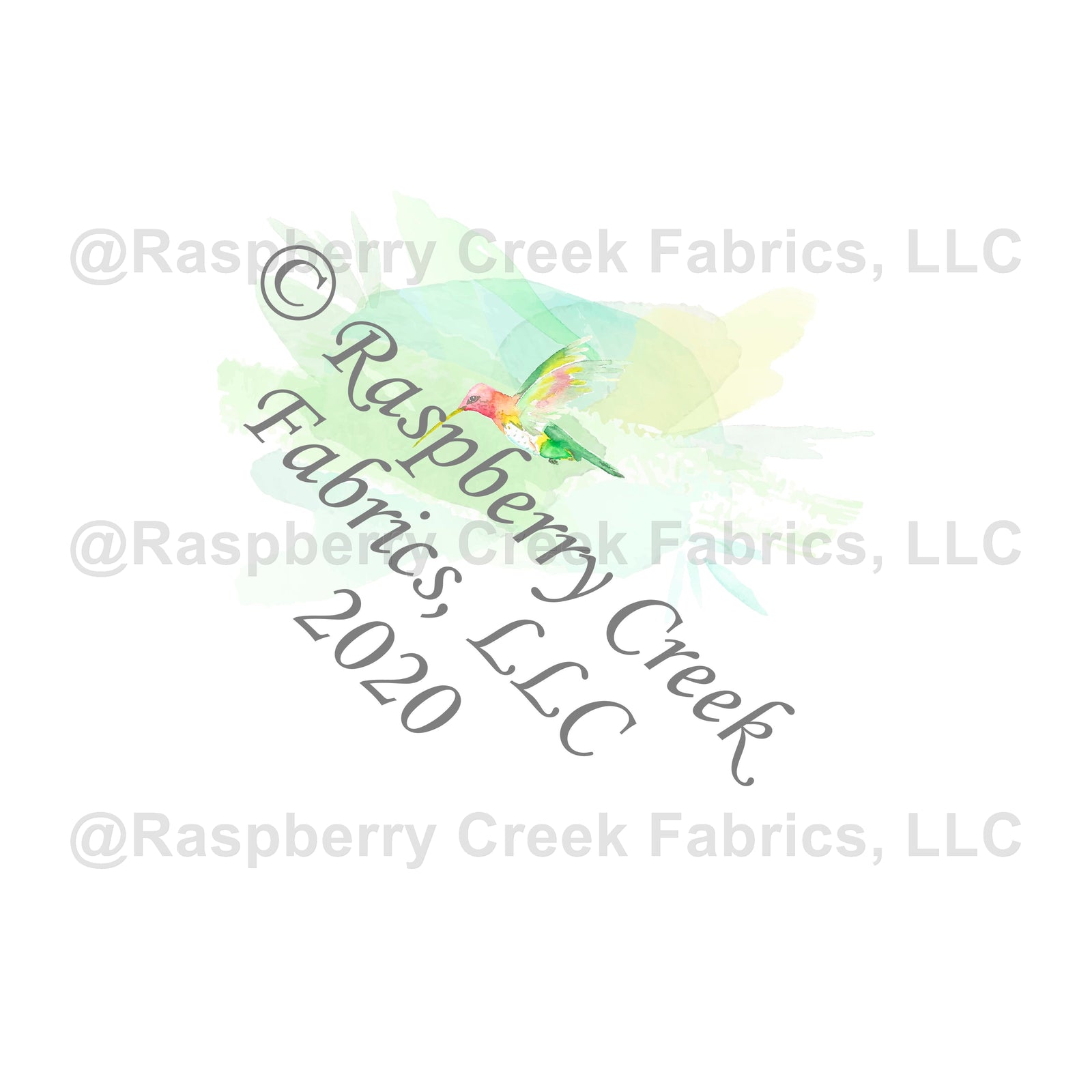 Tonal Bright Green Salmon and Yellow Watercolor Hummingbird Panel, Watercolor Birds by Elise Peterson for Club Fabrics Fabric, Raspberry Creek Fabrics, watermarked