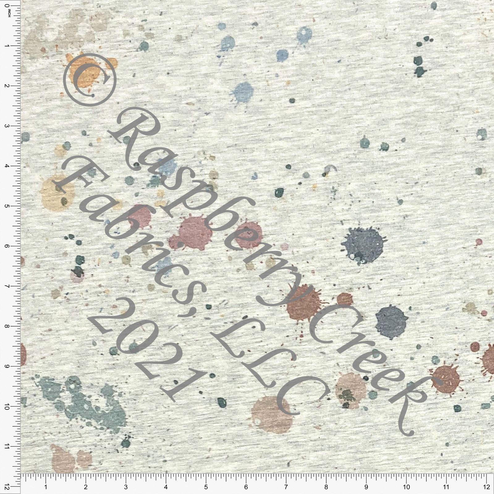 Denim Blue Orange Sage and Charcoal Paint Splatter on Oatmeal 4 Way Stretch French Terry Knit Fabric, By Bri Powell Fabric, Raspberry Creek Fabrics, watermarked, restored