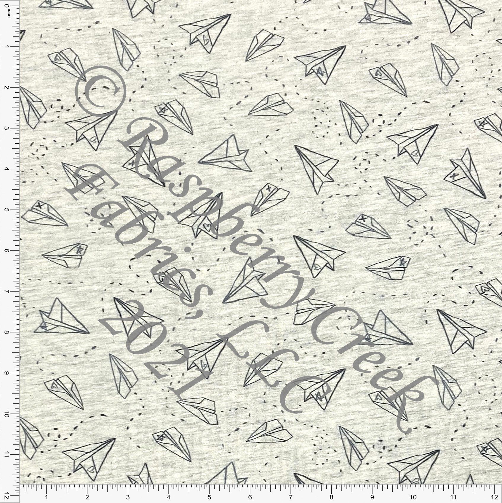 Tonal Charcoal and Black Love Letter Paper Airplanes on Oatmeal 4 Way Stretch French Terry Knit Fabric, By Brittney Laidlaw Fabric, Raspberry Creek Fabrics, watermarked, restored