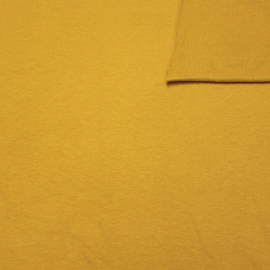 Solid Mustard Yellow 4 Way Stretch French Terry Knit Fabric With Spandex Fabric, Raspberry Creek Fabrics, watermarked, restored