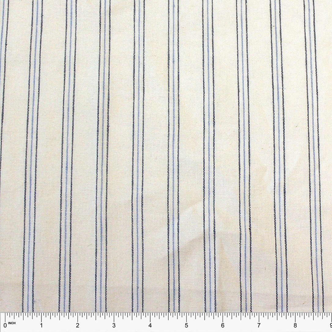 Cream Light Blue and Navy Yarn Dyed Vertical Pin Stripe Medium Weight Cotton Linen