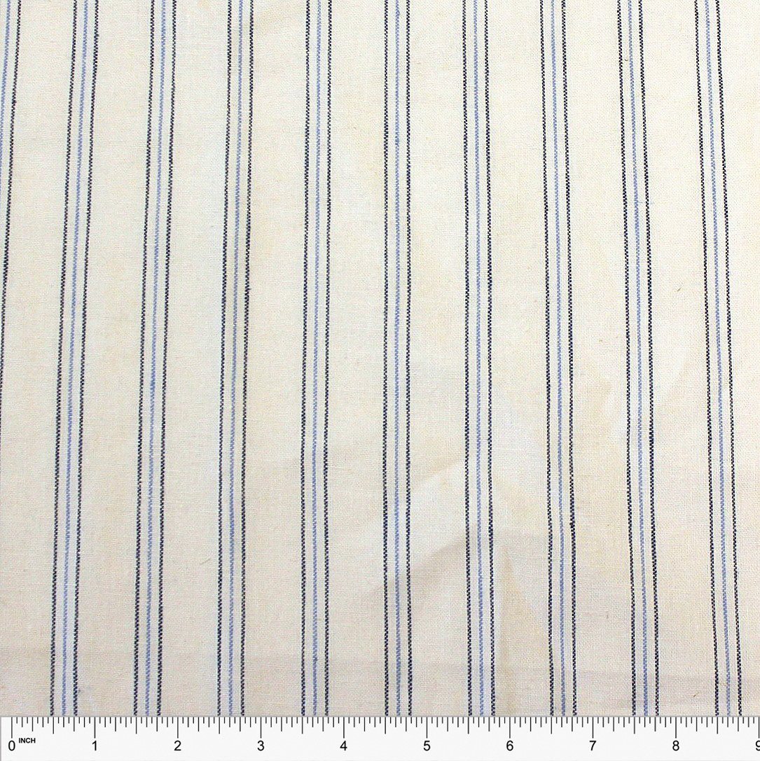 Cream Light Blue and Navy Yarn Dyed Vertical Pin Stripe Medium Weight Cotton Linen Fabric, Raspberry Creek Fabrics