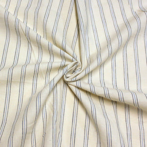 Cream Light Blue and Navy Yarn Dyed Vertical Pin Stripe Medium Weight Cotton Linen Fabric, Raspberry Creek Fabrics, watermarked, restored