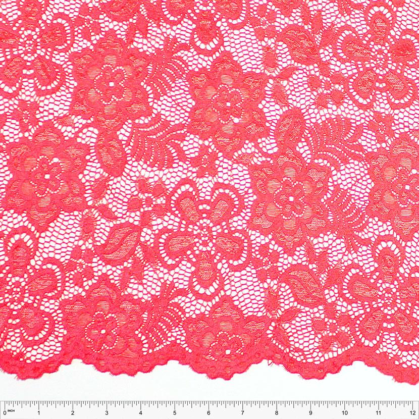 Deep Salmon Floral Scallop Edge Nylon Spandex Stretch Lace Fabric, Raspberry Creek Fabrics, watermarked, restored