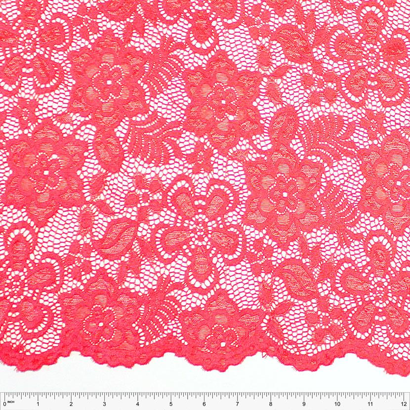 Deep Salmon Floral Scallop Edge Nylon Spandex Stretch Lace Fabric,  Raspberry Creek Fabrics