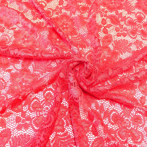 Deep Salmon Floral Scallop Edge Nylon Spandex Stretch Lace Fabric, Raspberry Creek Fabrics, watermarked, restored