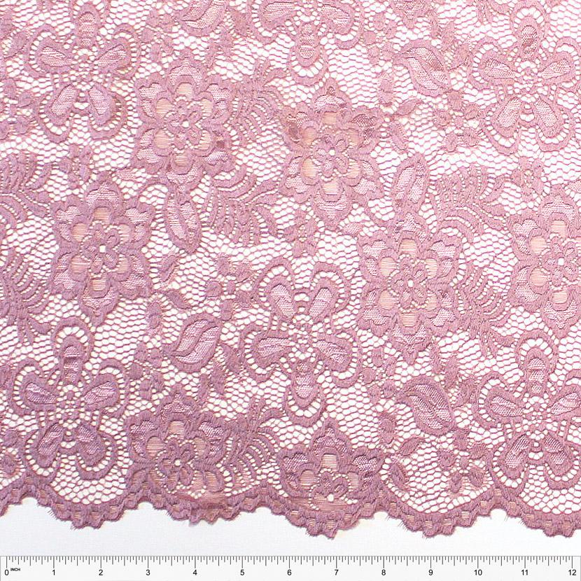 Deep Mauve Floral Scallop Edge Nylon Spandex Stretch Lace Fabric