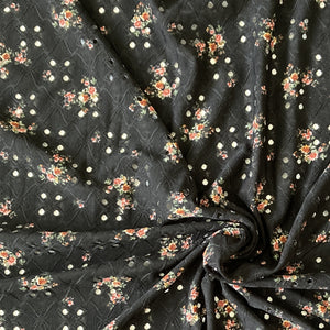 Black Olive Mustard and Mauve Floral Print Eyelet Poly Spandex Knit Fabric, Raspberry Creek Fabrics